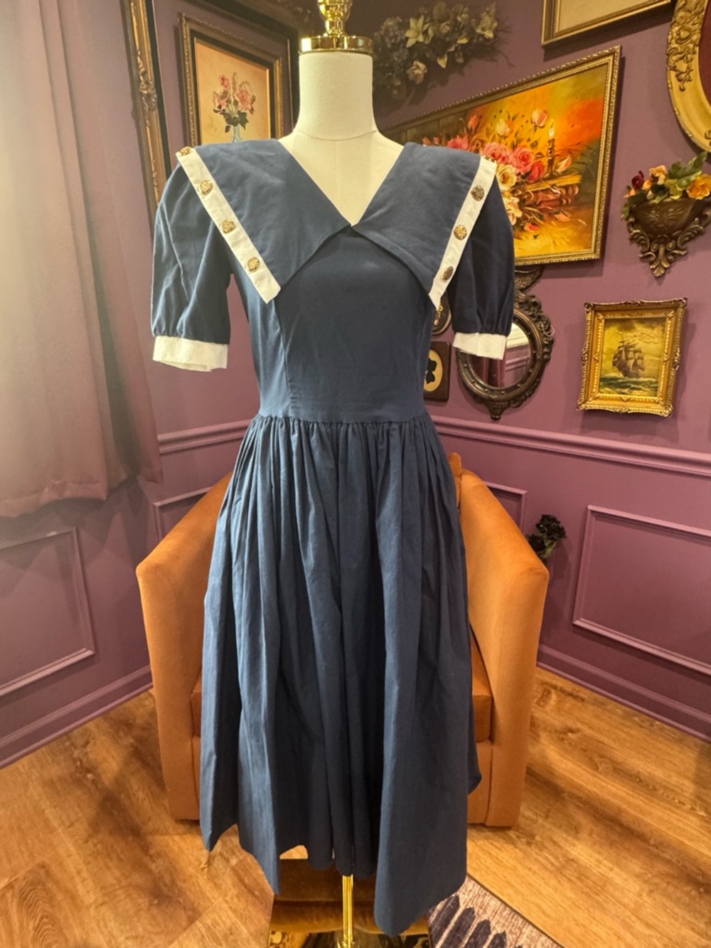 Vintage Eber San Francisco Navy Sailor Dress with White Trim